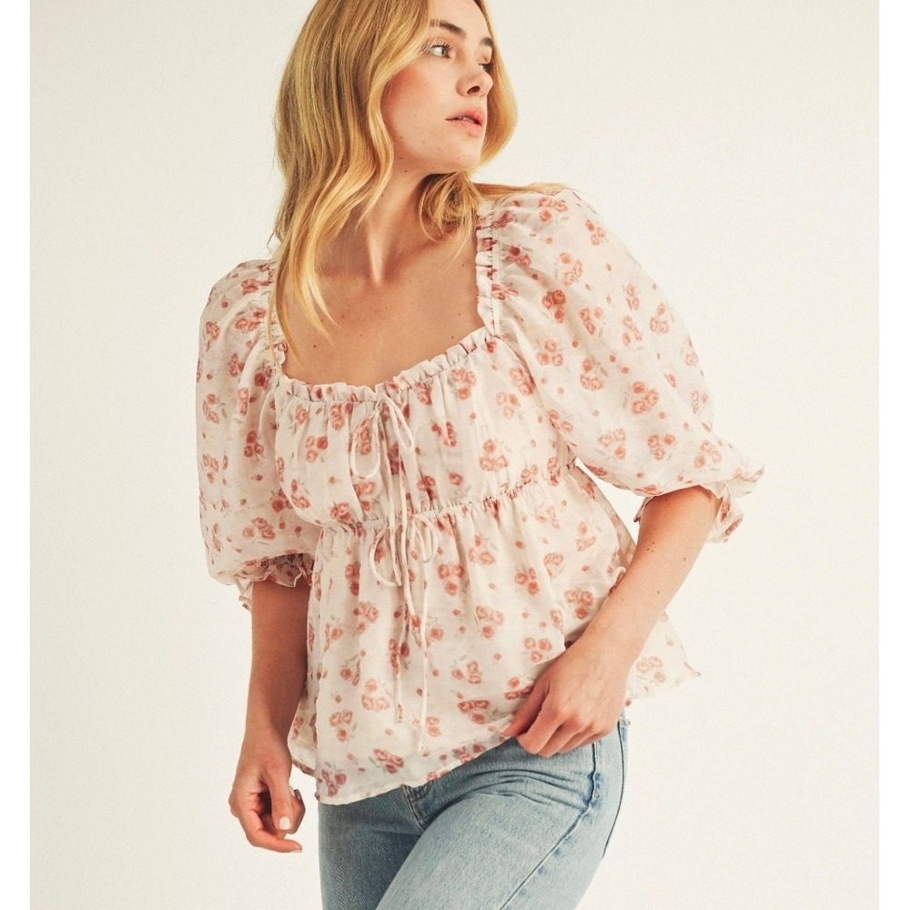 STORIA Floral Square Neck Puff Sleeve Peasant Blouse Women's Medium‎